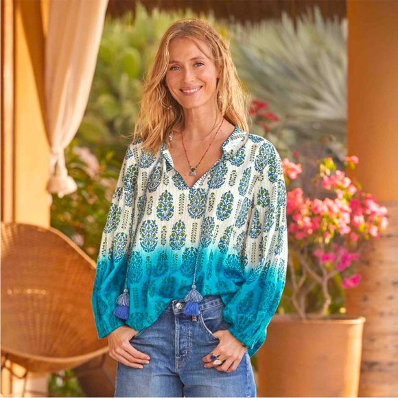SUNDANCE Olivia Blue Ombre Paisley Peasant Cotton Blouse size S - Picture 1 of 10